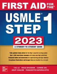 Image of the front cover of First Aid for the USMLE Step 1 2023, released in January of 2023