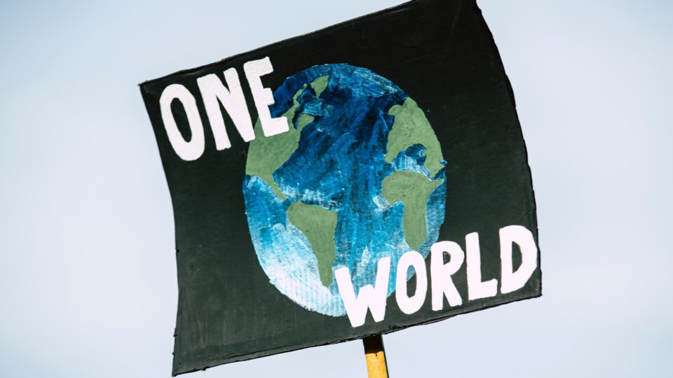 introduction to planetary health image featuring a poster that reads "one world"